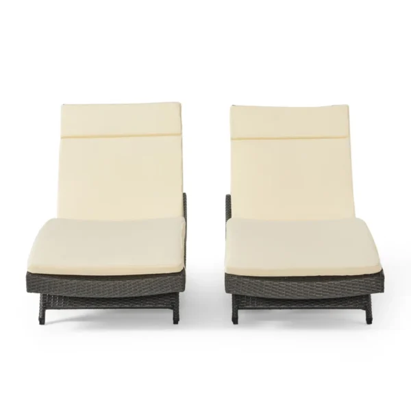 Set of 2 dark brown outdoor patio recliner lounge chairs with off-white all-weather cushions.