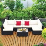 "6-seater rattan wicker outdoor furniture sofa set with cushions and tempered glass table for patio, garden, balcony, or backyard"
