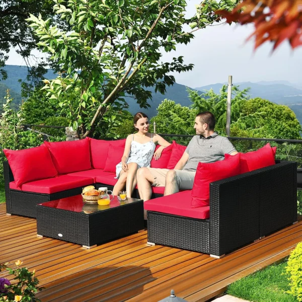 5-piece outdoor rattan sectional sofa set with black frame and red cushions, perfect for patio or garden.