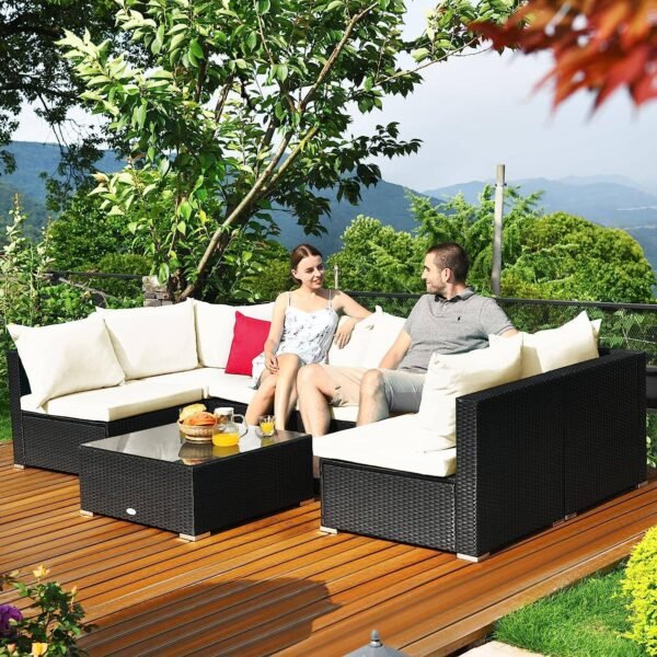 "6-seater rattan wicker outdoor furniture sofa set with cushions and tempered glass table for patio, garden, balcony, or backyard"