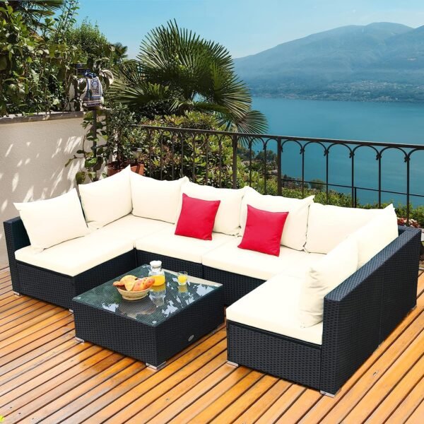 "6-seater rattan wicker outdoor furniture sofa set with cushions and tempered glass table for patio, garden, balcony, or backyard"
