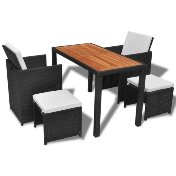5-piece black and white rattan wicker patio dining set with ottoman and wood top table