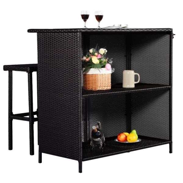 3 piece dark brown wicker patio outdoor bar set with table and two stools placed on a garden deck.