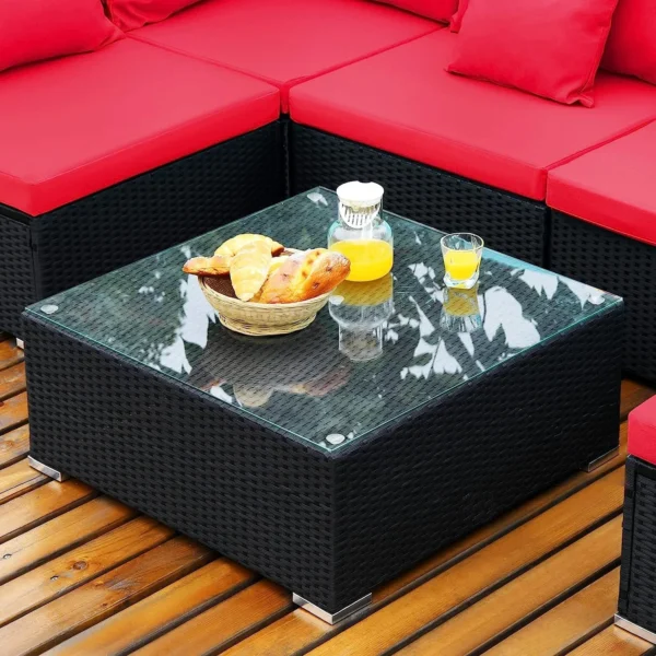 5-piece outdoor rattan sectional sofa set with black frame and red cushions, perfect for patio or garden.