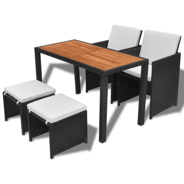 5-piece black and white rattan wicker patio dining set with ottoman and wood top table