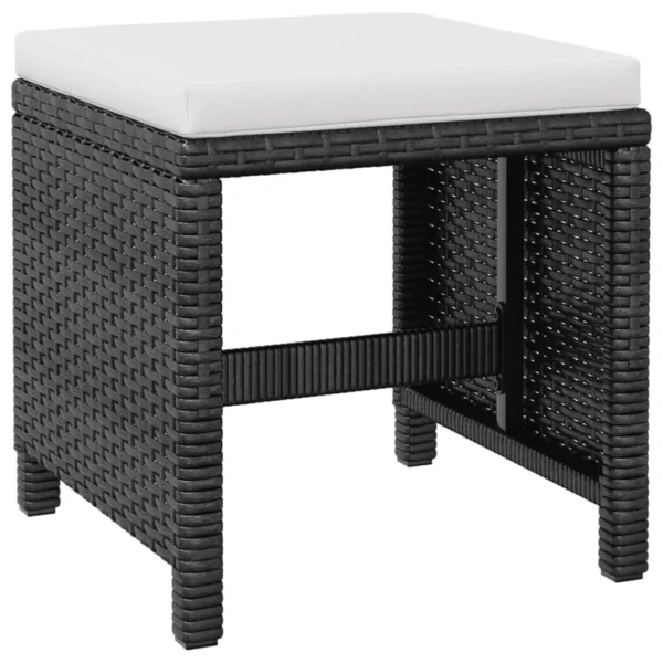5-piece black and white rattan wicker patio dining set with ottoman and wood top table