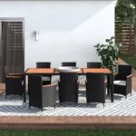 8-person rectangular outdoor dining set with black frame and off-white cushions