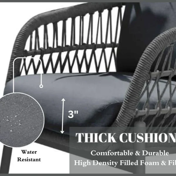 Outdoor garden 4-seater rope sofa with light grey cushions and dark grey woven rope frame placed on a patio.