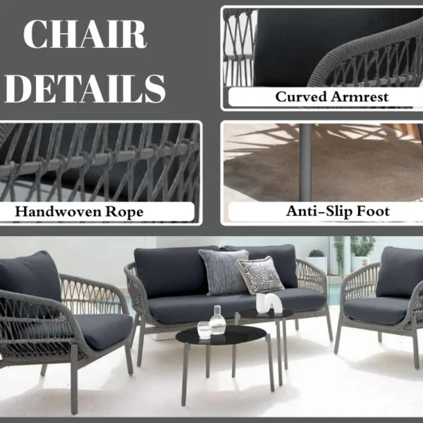 Outdoor garden 4-seater rope sofa with light grey cushions and dark grey woven rope frame placed on a patio.