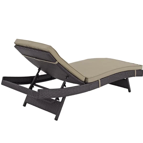 Beige wicker rattan outdoor patio chaise lounge chair with cushioned seat.