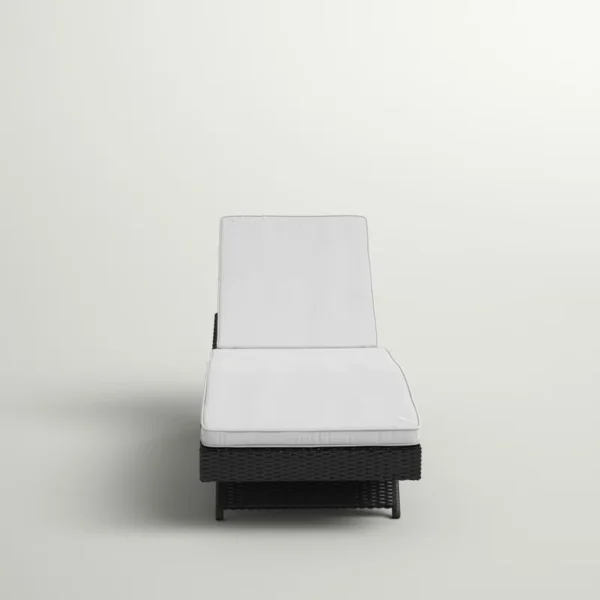Off-white wicker rattan outdoor patio chaise lounge chair with cushioned seating.