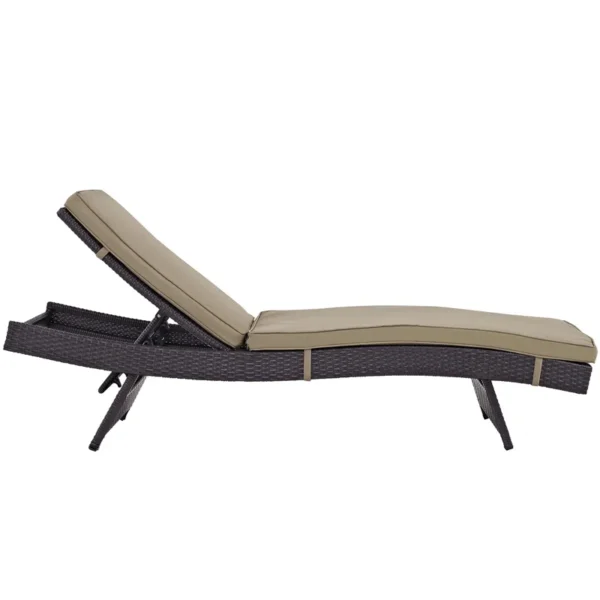 Beige wicker rattan outdoor patio chaise lounge chair with cushioned seat.
