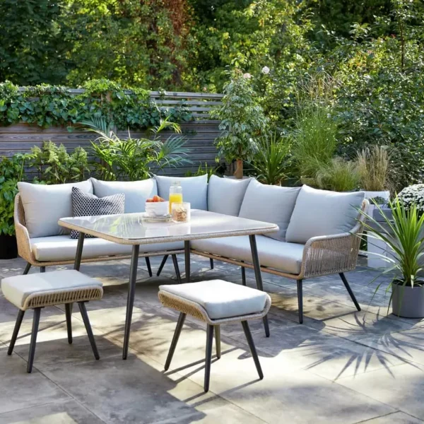 Outdoor patio furniture set with 4 pieces – beige and grey waterproof woven rope sofa and powder-coated iron frame bistro set.