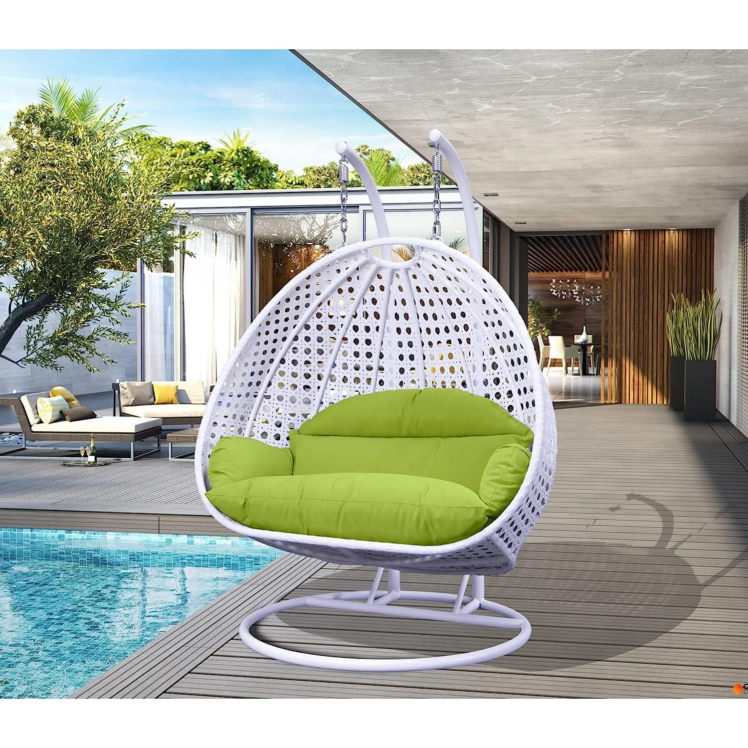 Light green and white swing chair with a sturdy stand and cushioned seat, perfect for indoor and outdoor relaxation.