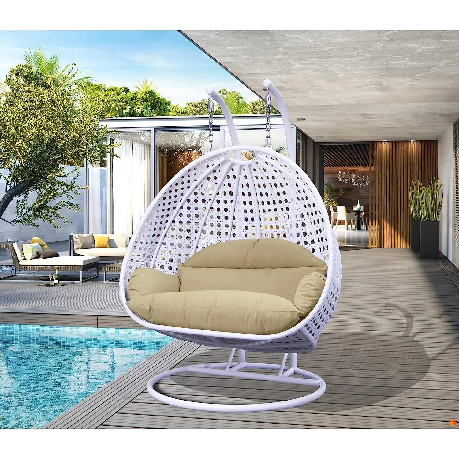 Double seater hanging swing chair in white and cream, suspended from a sturdy frame, perfect for indoor or outdoor relaxation.