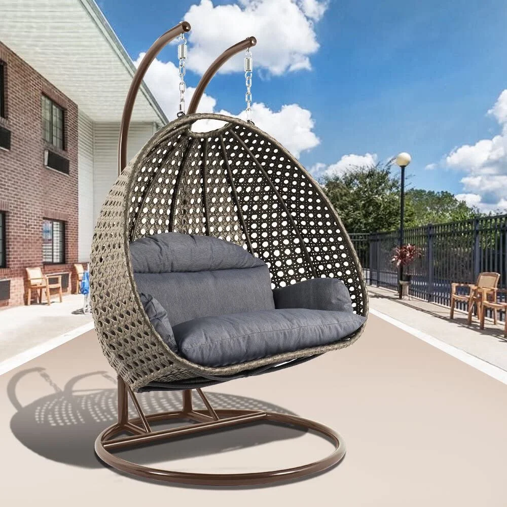 Double seater hanging swing chair with dark brown frame and dark grey cushions, ideal for indoor or outdoor relaxation.