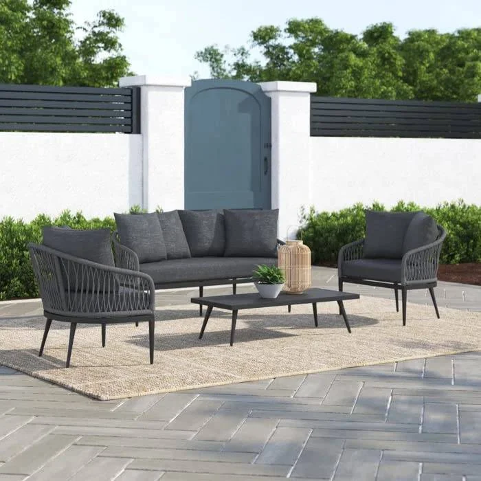 “5 seater black rope sofa furniture set with modern outdoor design”