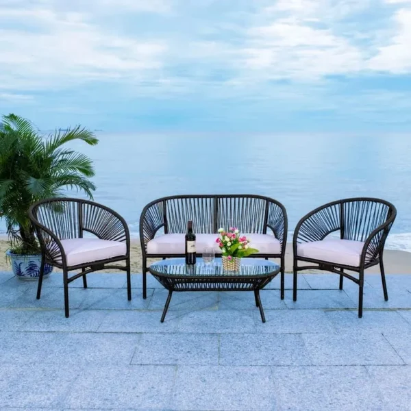 "4 piece waterproof rope sofa set with cushioned seats and matching center table for outdoor living spaces"