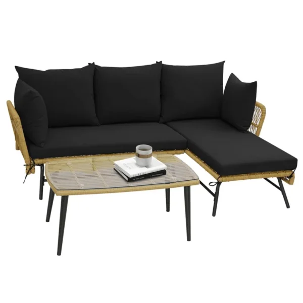 L-shaped patio furniture set with beige and black rope woven design, featuring cushioned seating for outdoor relaxation.