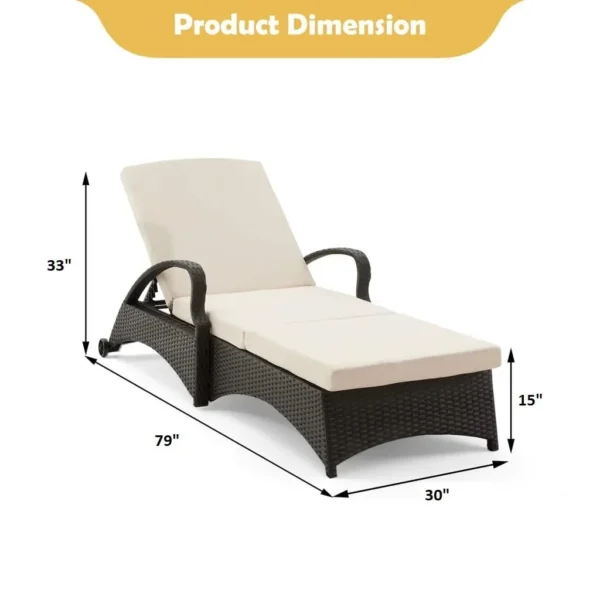 Wicker rattan outdoor patio chaise lounge chair with side table in cream color, perfect for relaxing outdoors.