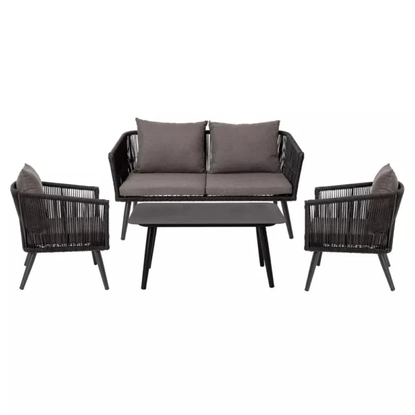 A set of 4 sofa chairs in black and dark grey upholstery, arranged in a stylish living room setup.