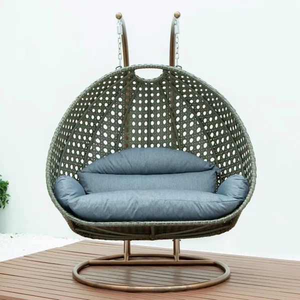 Double seater hanging swing chair with dark green frame and dark grey cushions, ideal for indoor or outdoor relaxation.