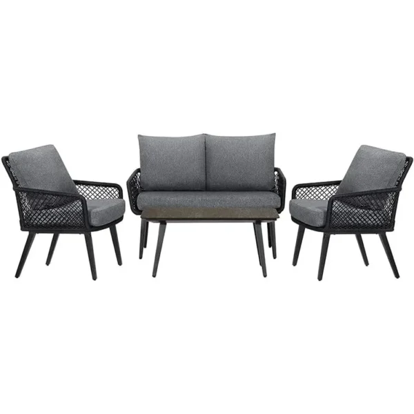 4-seater outdoor/indoor black and grey sofa set with center table and cushioned chairs, placed on a patio.