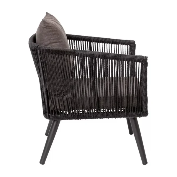 A set of 4 sofa chairs in black and dark grey upholstery, arranged in a stylish living room setup.