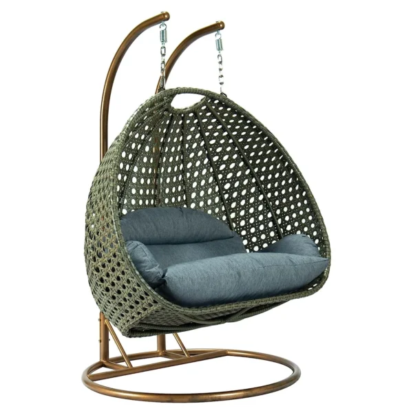Double seater hanging swing chair with dark green frame and dark grey cushions, ideal for indoor or outdoor relaxation.