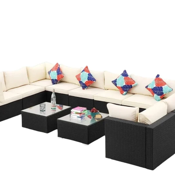 "9 seater outdoor rattan wicker sofa set with 2 matching center tables for patio or garden"
