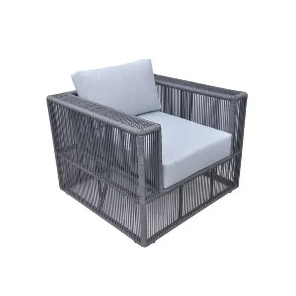 Unique grey rope bistro set with 4 pieces, modern outdoor dining chairs and table." Caption: