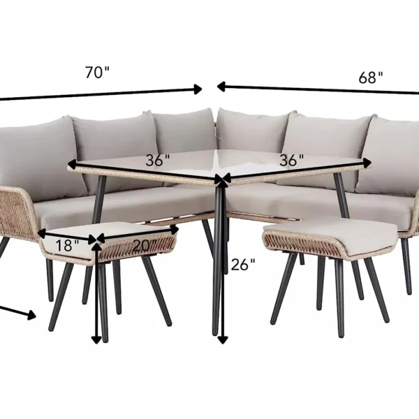 Outdoor patio furniture set with 4 pieces – beige and grey waterproof woven rope sofa and powder-coated iron frame bistro set.