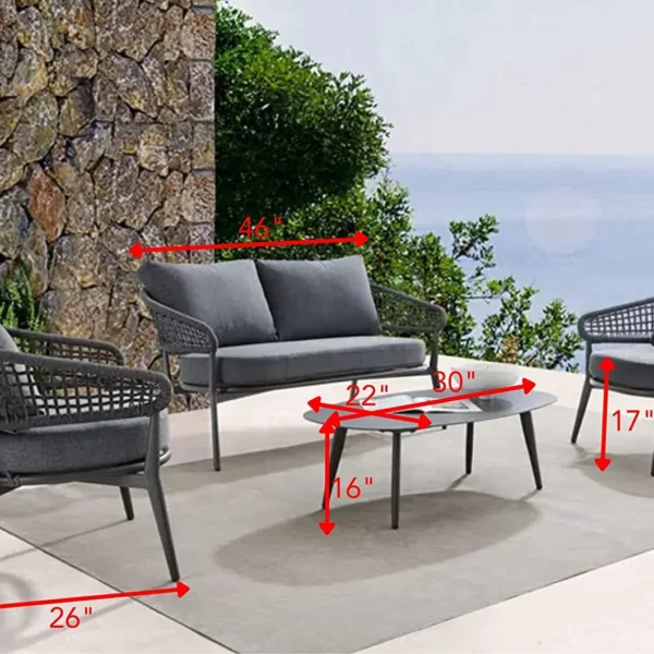 Outdoor grey rope 4-seater bistro set with a table and chairs on a patio
