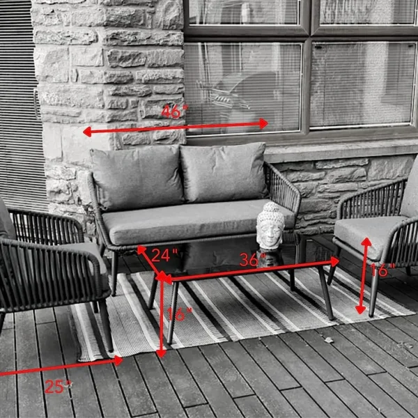 Grey 4 seater rope sofa set with cushions placed in a modern outdoor setting
