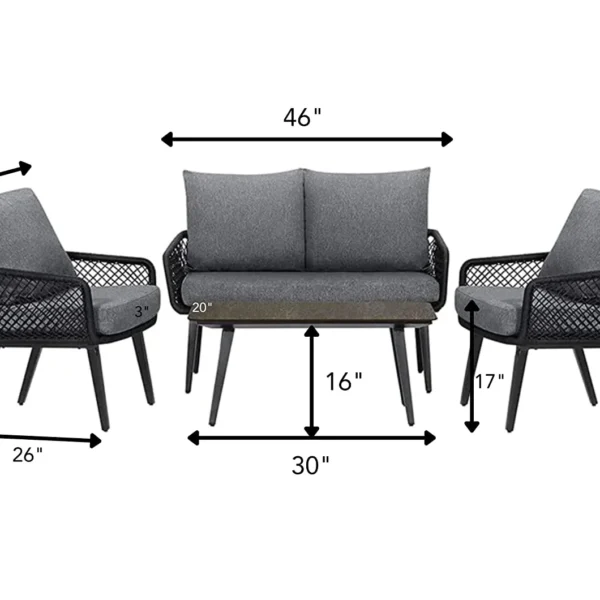 4-seater outdoor/indoor black and grey sofa set with center table and cushioned chairs, placed on a patio.