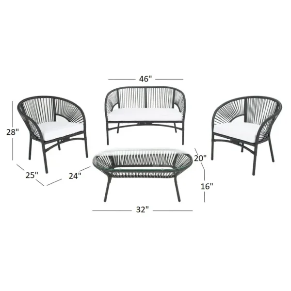 4-seater outdoor rope sofa set in black and white with a matching center table placed on a patio.