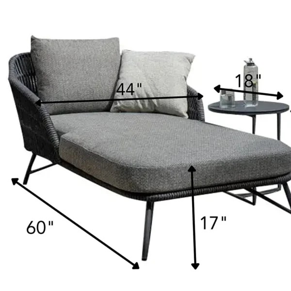 Grey rope daybed set with round outdoor sofa, matching side table, and sun lounger on patio