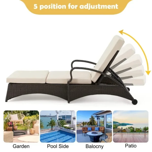 Wicker rattan outdoor patio chaise lounge chair with side table in cream color, perfect for relaxing outdoors.