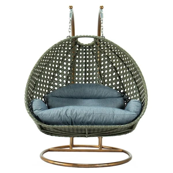 Double seater hanging swing chair with dark green frame and dark grey cushions, ideal for indoor or outdoor relaxation.