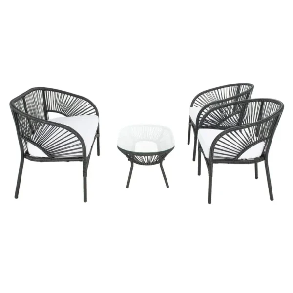 4-seater outdoor rope sofa set in black and white with a matching center table placed on a patio.