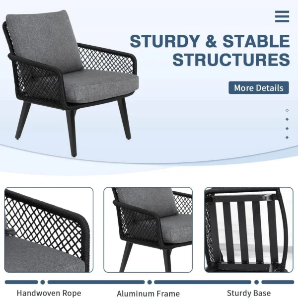 4-seater outdoor/indoor black and grey sofa set with center table and cushioned chairs, placed on a patio.