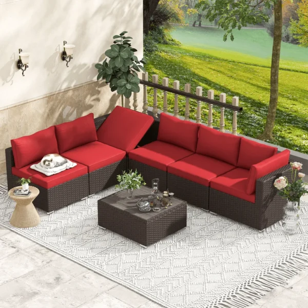 6 seater outdoor rattan wicker sofa set with red cushions and brown center table for patio or garden