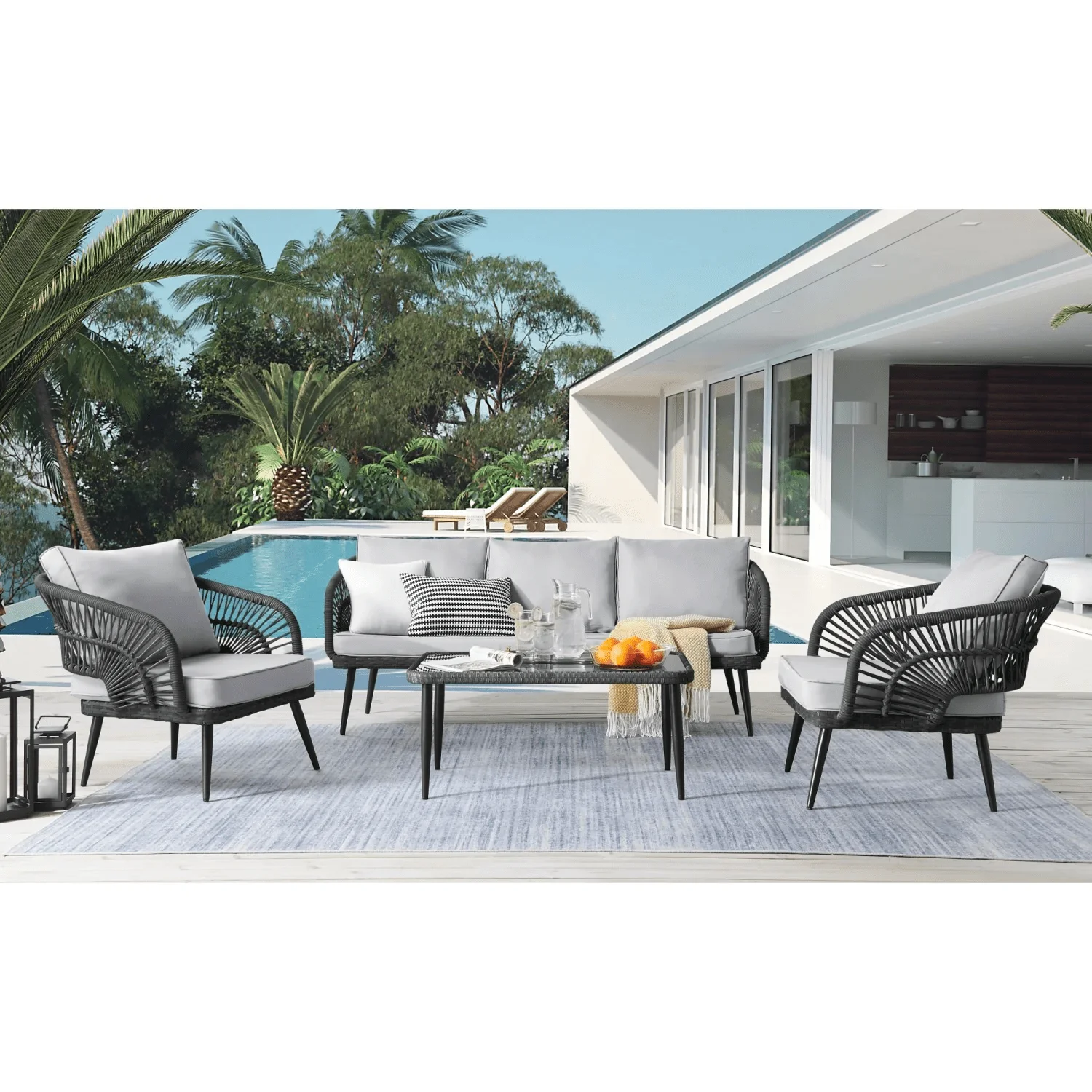 Black and light grey rope conversation loveseat set with modern design, perfect for indoor or outdoor use