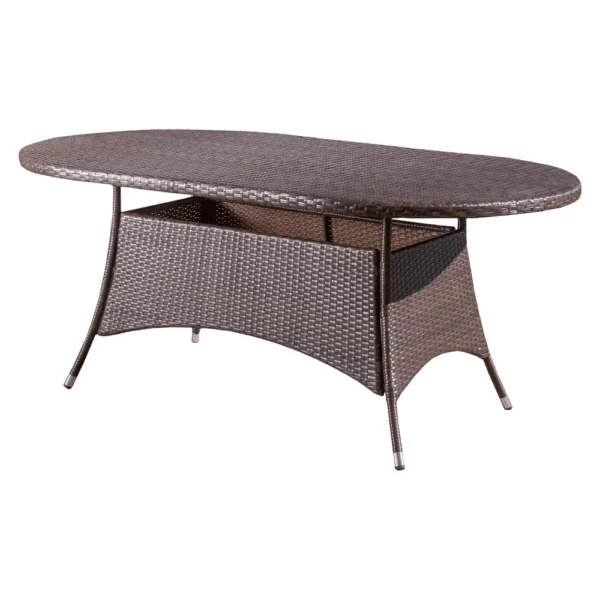 Round outdoor coffee table in dark brown finish, perfect for patio, garden, or balcony settings.