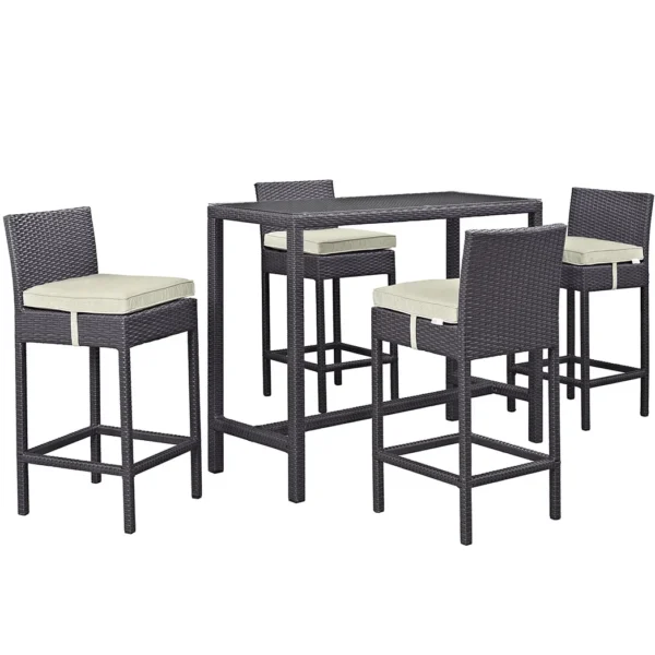 5 piece outdoor patio wicker dining bar set in dark brown and off-white with chairs and table.