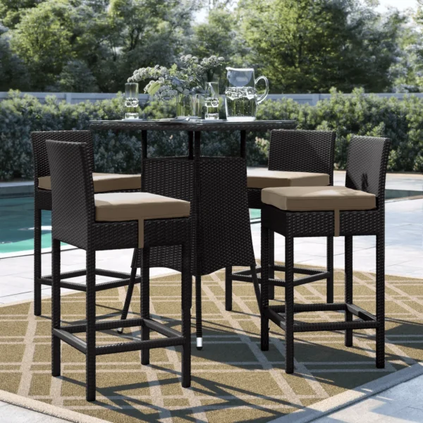 5-piece elevated patio bar set in dark brown wicker with beige cushions, ideal for outdoor entertaining.