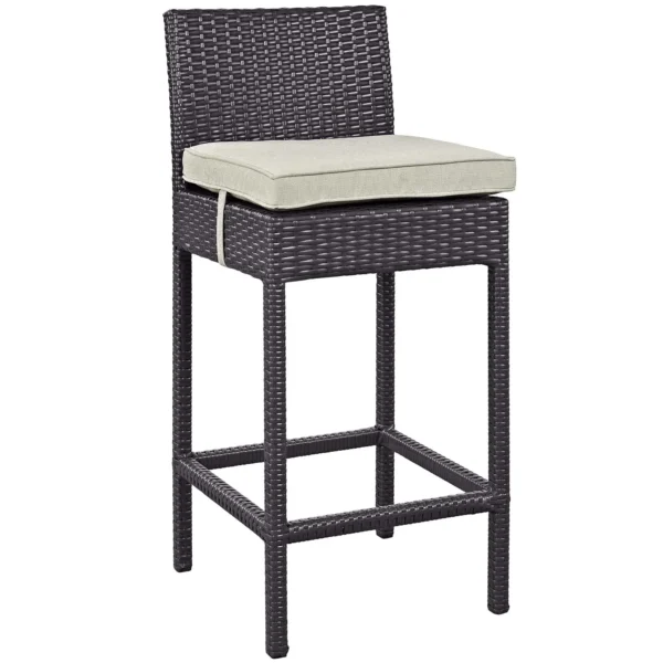 5 piece outdoor patio wicker dining bar set in dark brown and off-white with chairs and table.