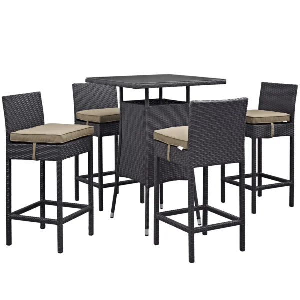 5-piece elevated patio bar set in dark brown wicker with beige cushions, ideal for outdoor entertaining.
