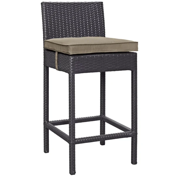 5-piece elevated patio bar set in dark brown wicker with beige cushions, ideal for outdoor entertaining.