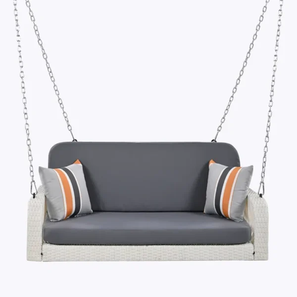Elegant outdoor double seater swing with sturdy frame and comfortable cushions for garden or patio.